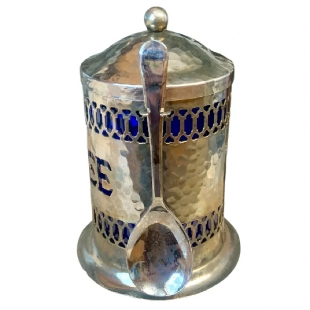 🌺VINTAGE SHEFFIELD ENGLAND SILVER PLATED COBALT LIDDED COFFEE CANISTER W/SPOON - Picture 2 of 16
